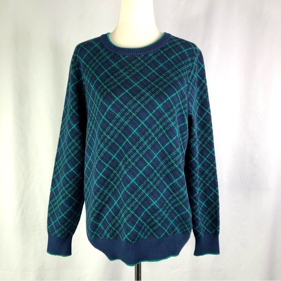 Lands' End tartan windowpane plaid sweater smooth and soft blue green black S - Picture 1 of 9